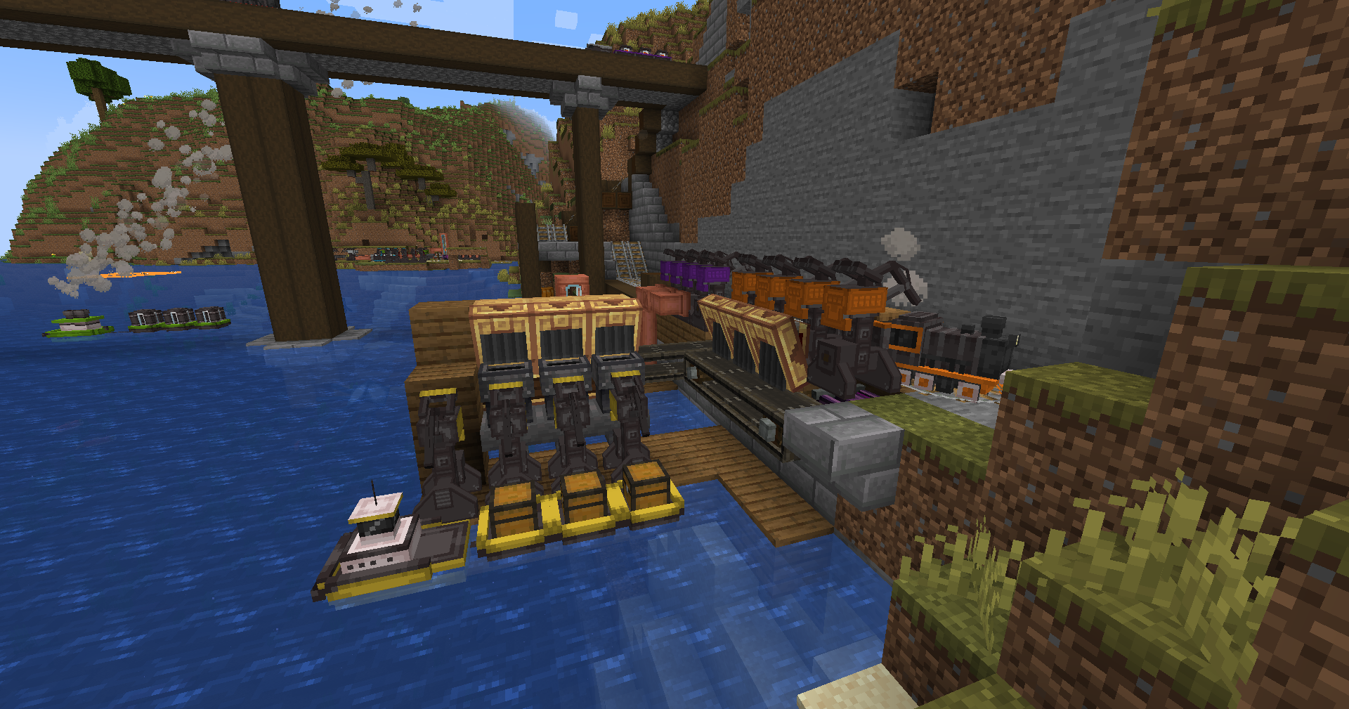 A Little Logistics port with tugboats, barges, trains, Docking Stations, and connected machinery