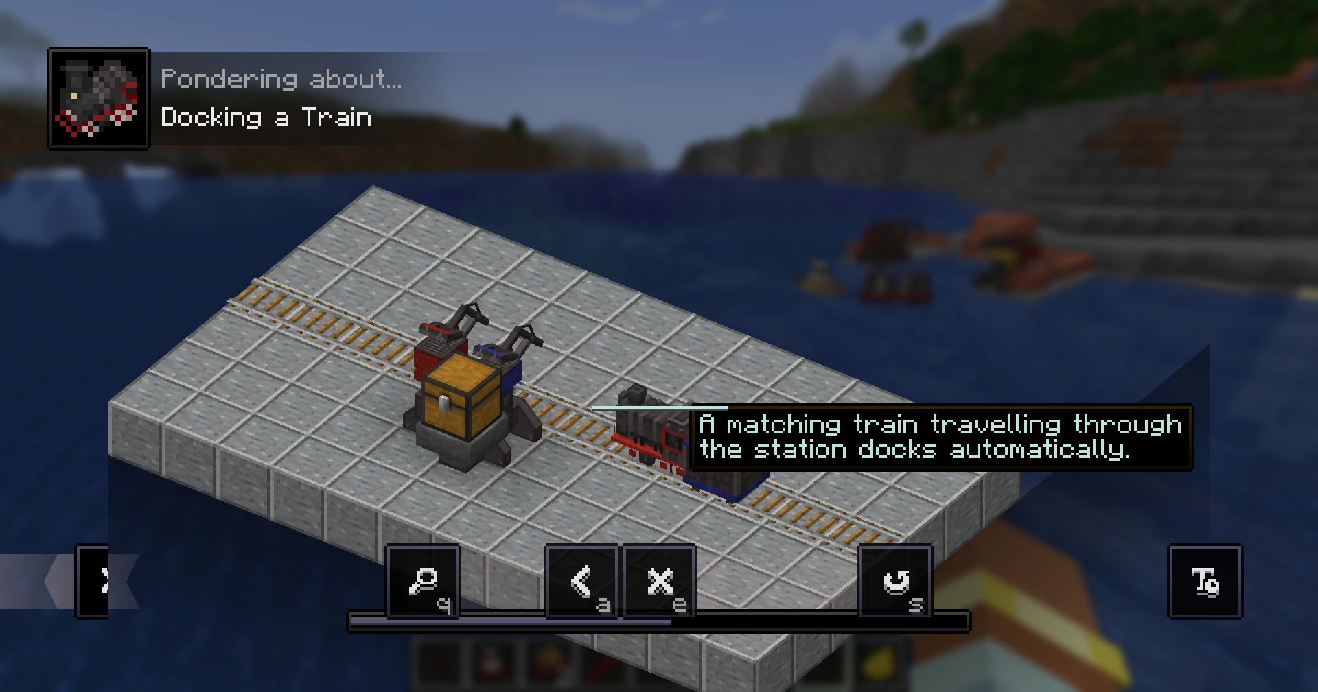 The in-game Ponder screen demonstrating how a train docks automatically