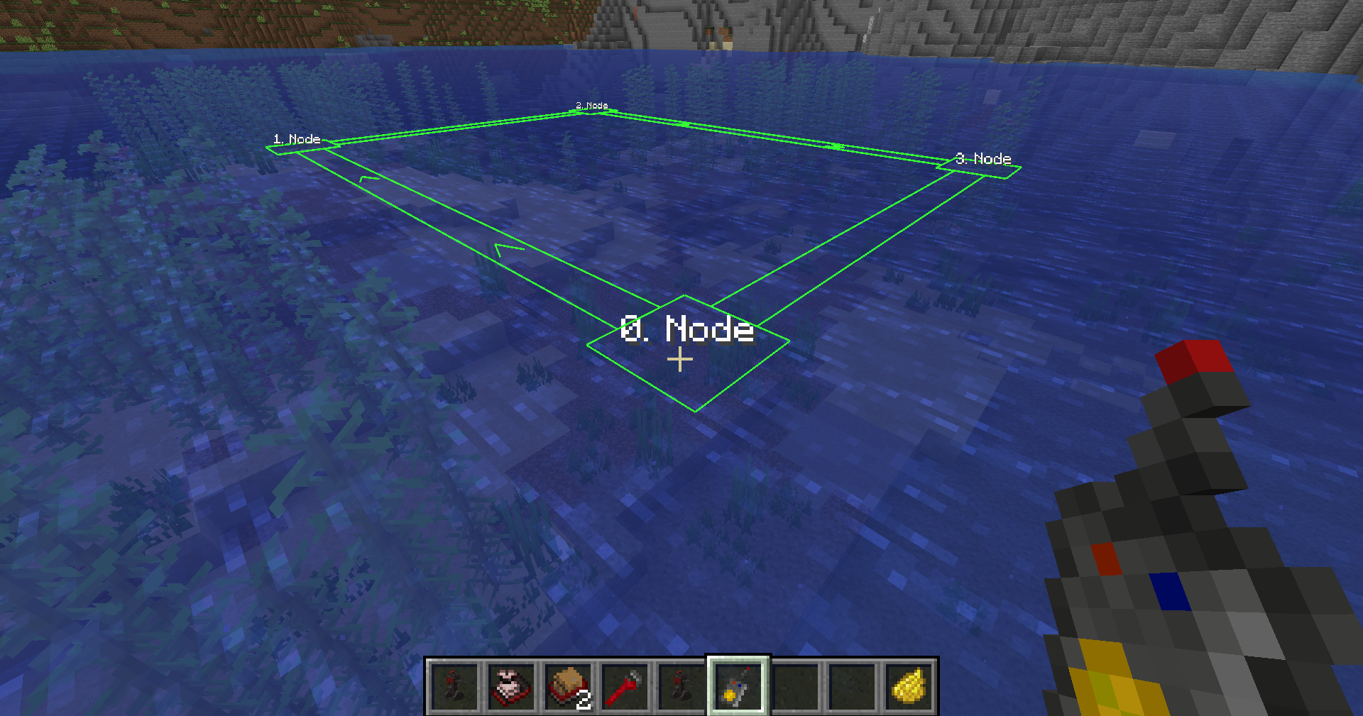 A completed four-waypoint tug route highlighted over water